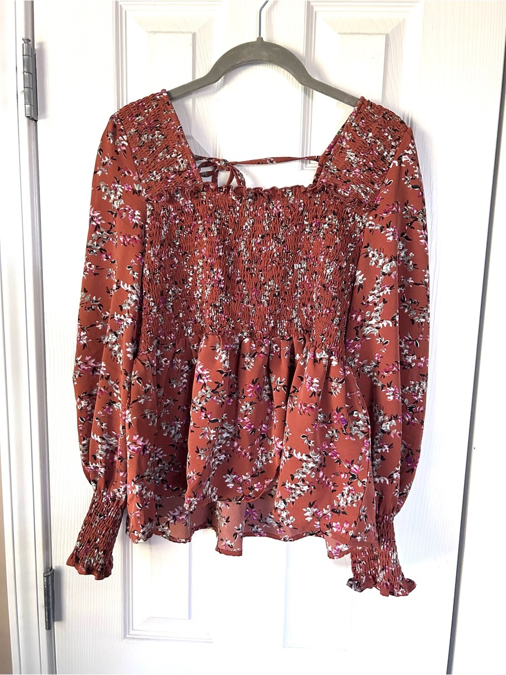 Pink Lily Floral Smocked Long Sleeve Blouse Size Large